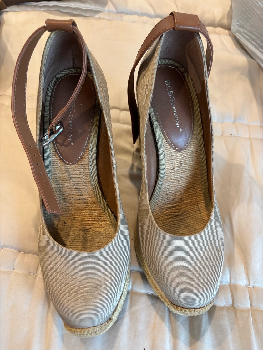 BCBGeneration Neutral Taupe Espadrille Wedges with Brown Ankle Strap